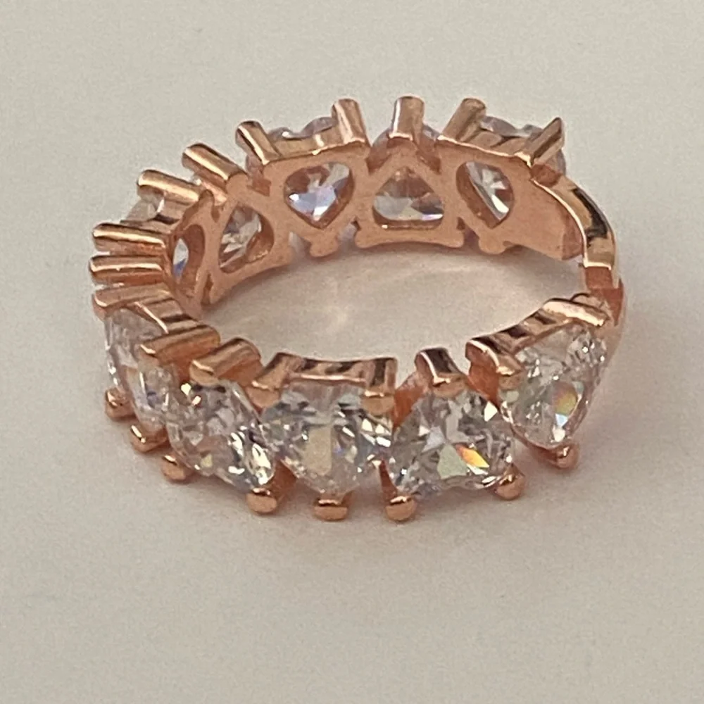 925 Silver heart ring 6-6.50 size adjustable band cz stones 14k rose gold plated